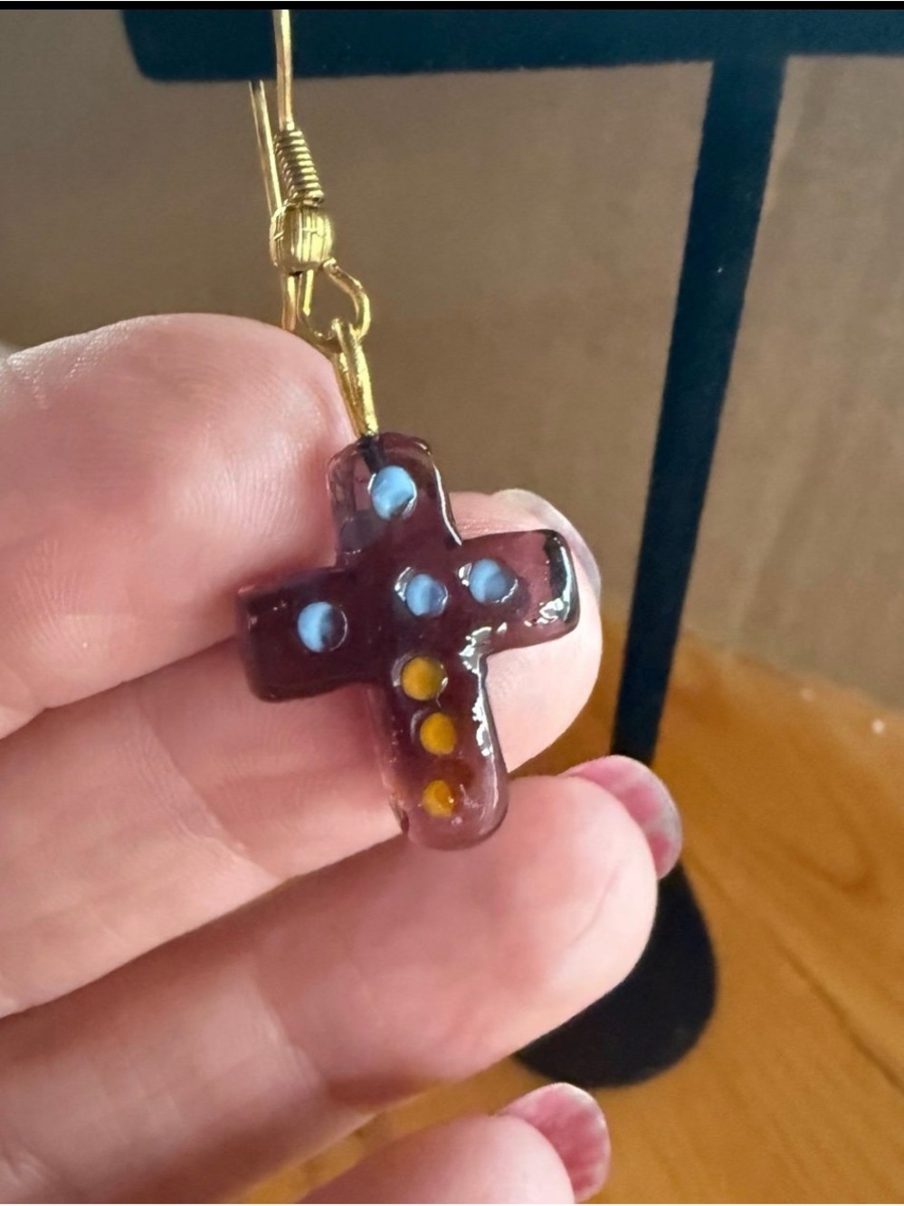 Handmade Purple Glass Cross Drop Earrings with Blue and Yellow Accents